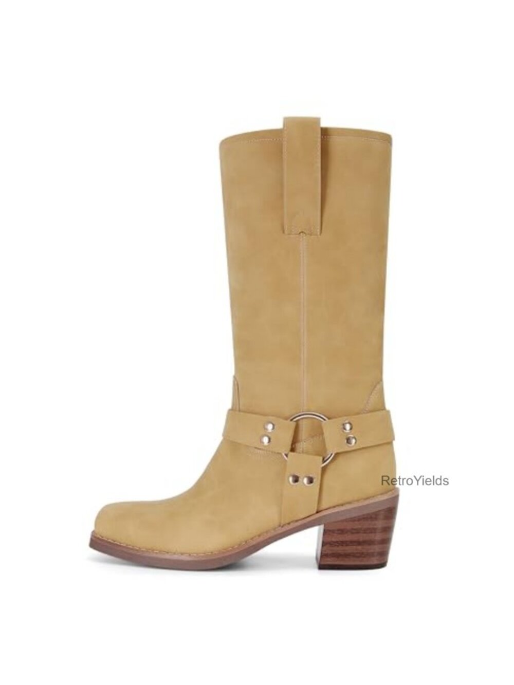 Women's Square Toe Pull On Mid Calf Biker Riding Boots Chunky Block Heel
